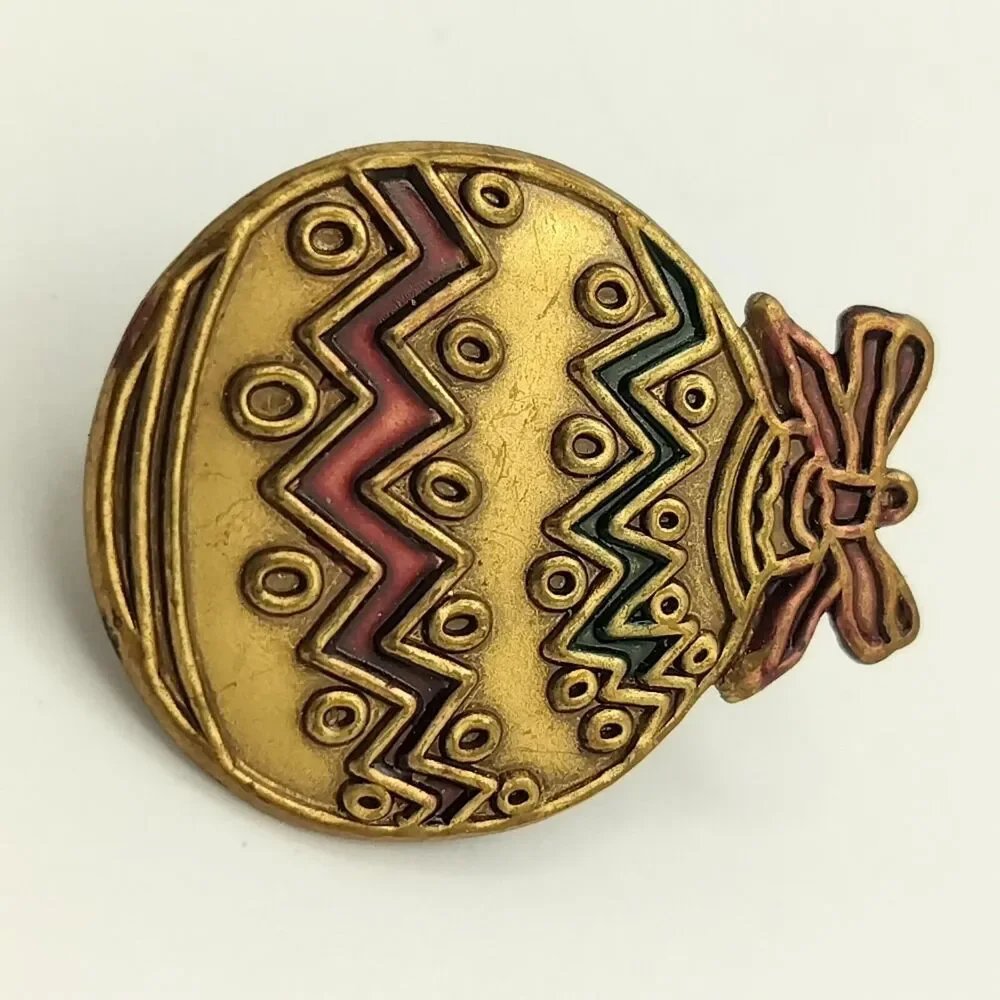 Vintage Christmas Ornament Pin Brooch Gold Red Green Festive Holiday Charm